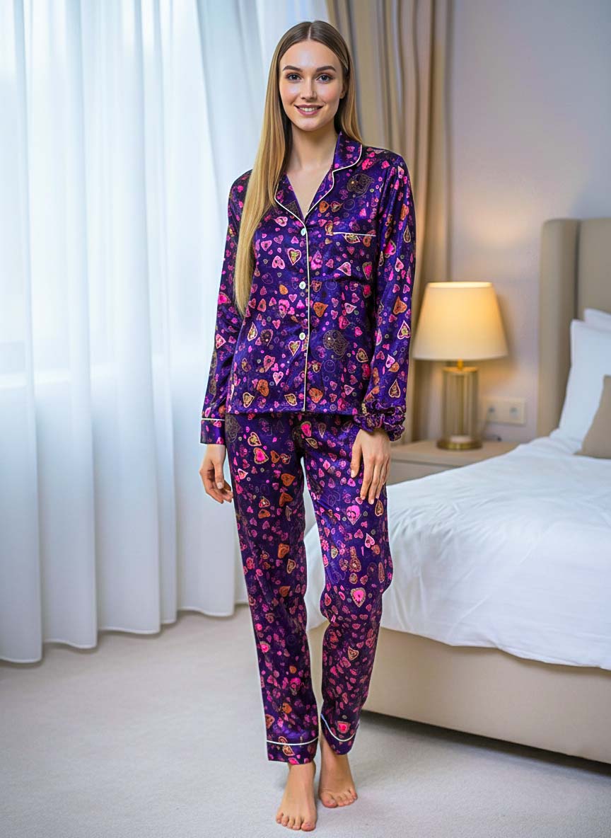Imported Linen Printed Purple Pink Heart PJ Set-LP25