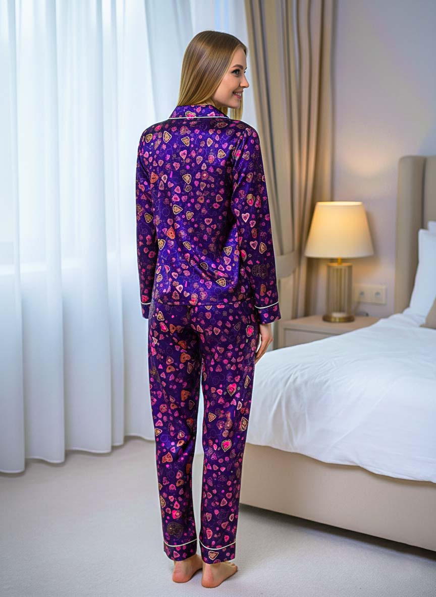 Imported Linen Printed Purple Pink Heart PJ Set-LP25