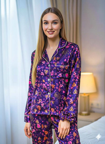 Imported Linen Printed Purple Pink Heart PJ Set-LP25