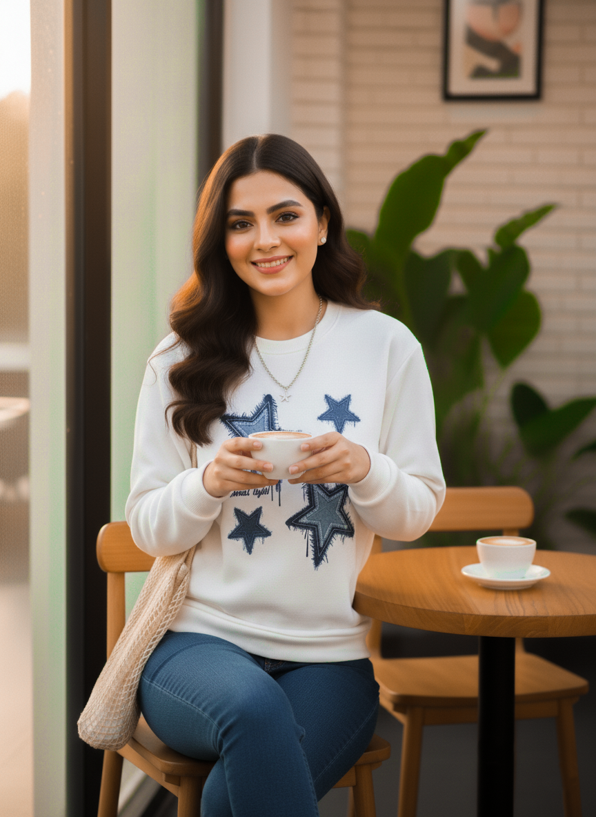 Winter Stars Printed White Sweatshirt For Women