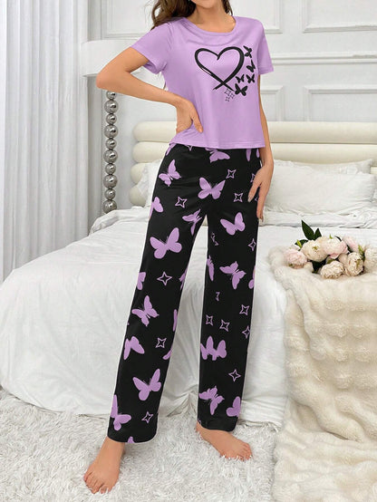 Purple Heart and Butterfly Printed Night Suit