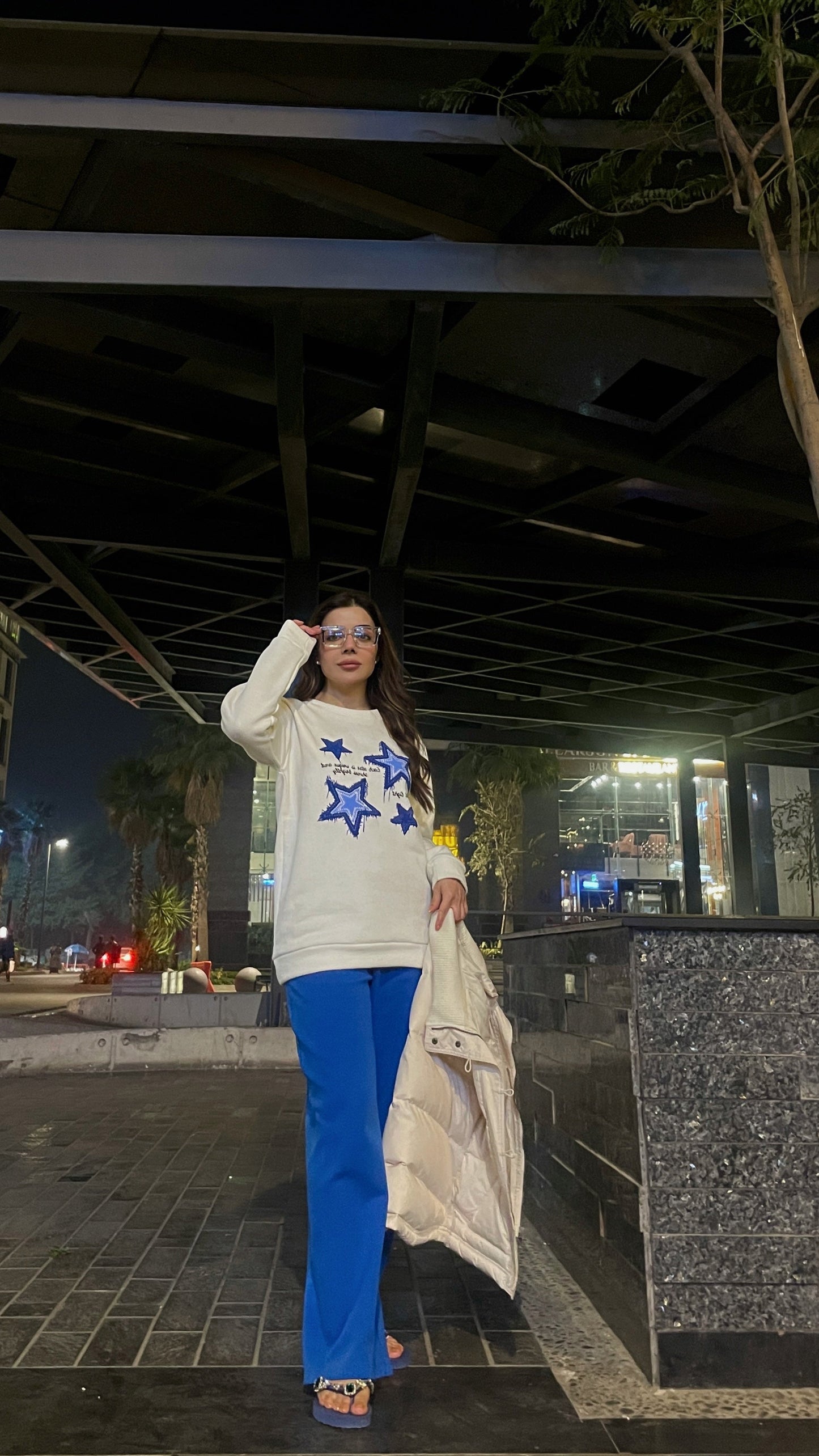 Winter Stars Printed White Sweatshirt For Women