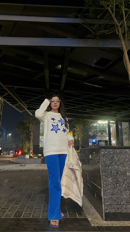 Winter Stars Printed White Sweatshirt For Women