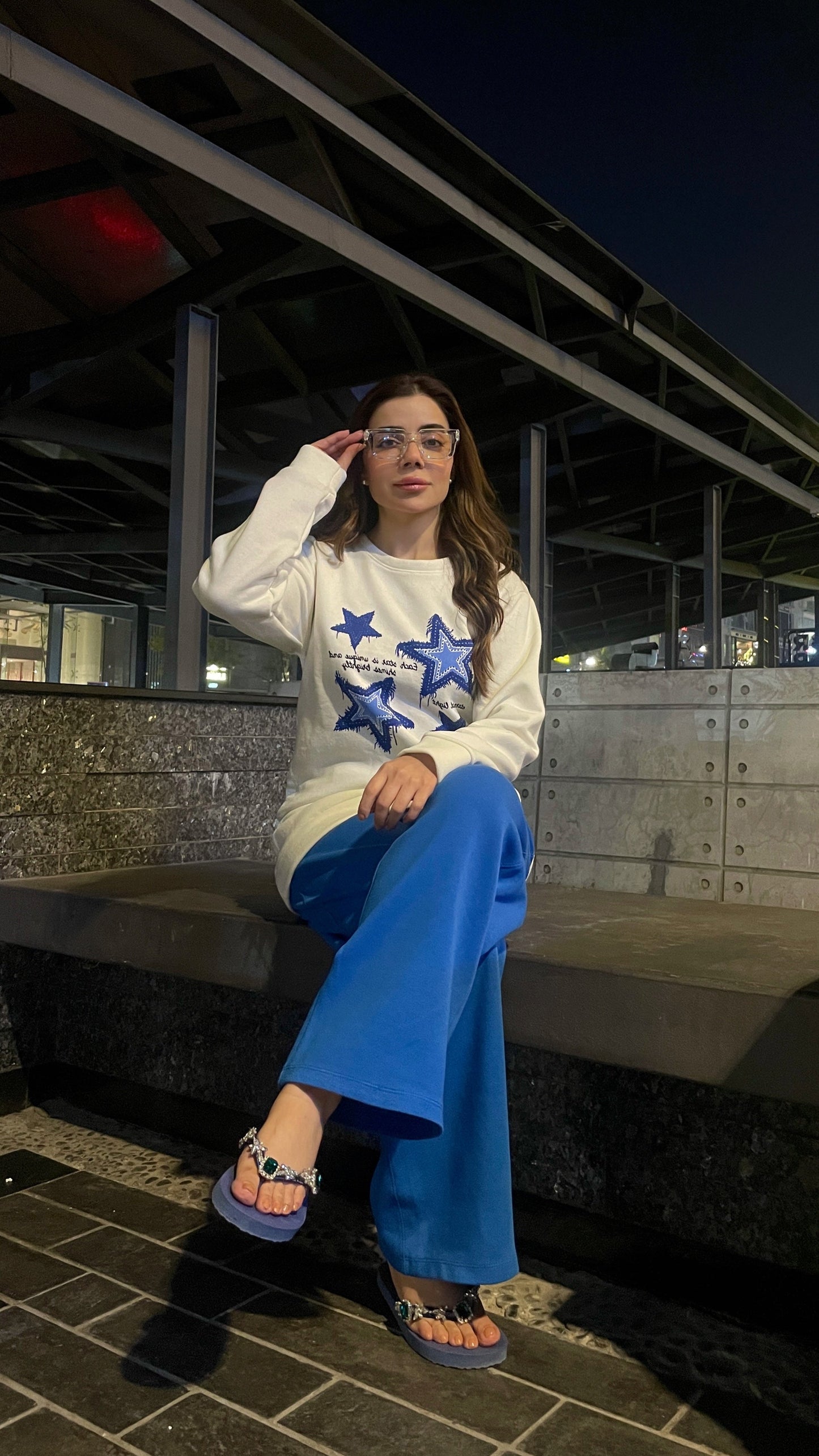 Winter Stars Printed White Sweatshirt For Women