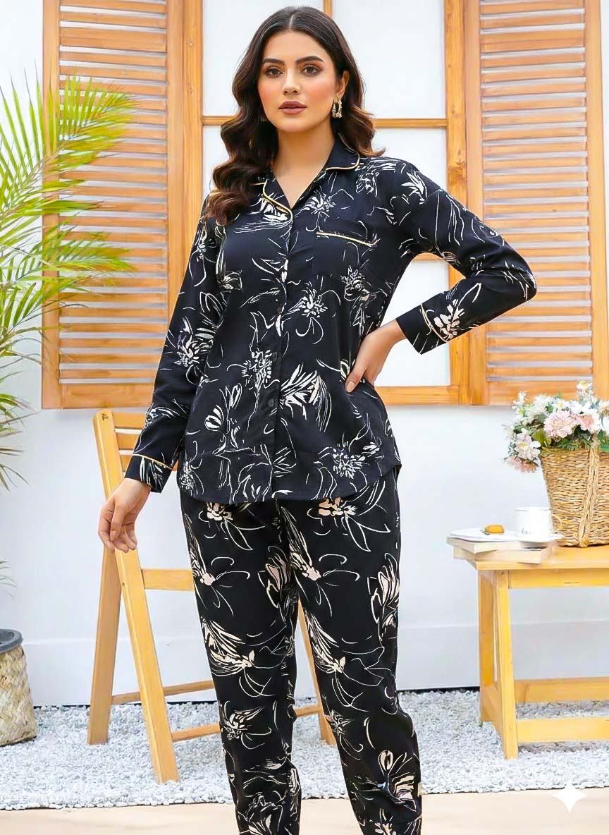 Imported Linen Printed Black Shade PJ Set-LP13