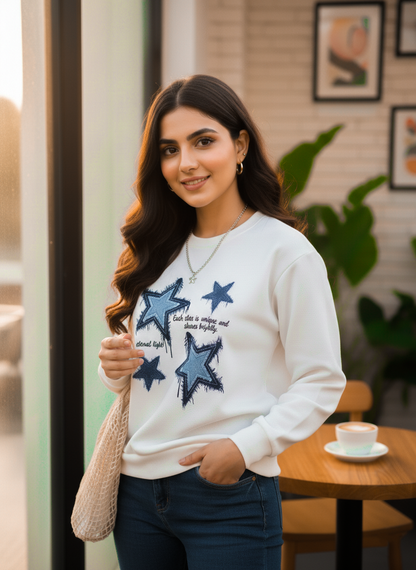 Winter Stars Printed White Sweatshirt For Women