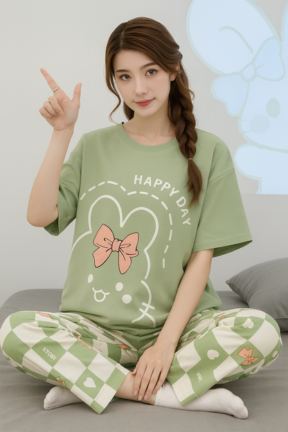 Olive Green Printed Night Suit