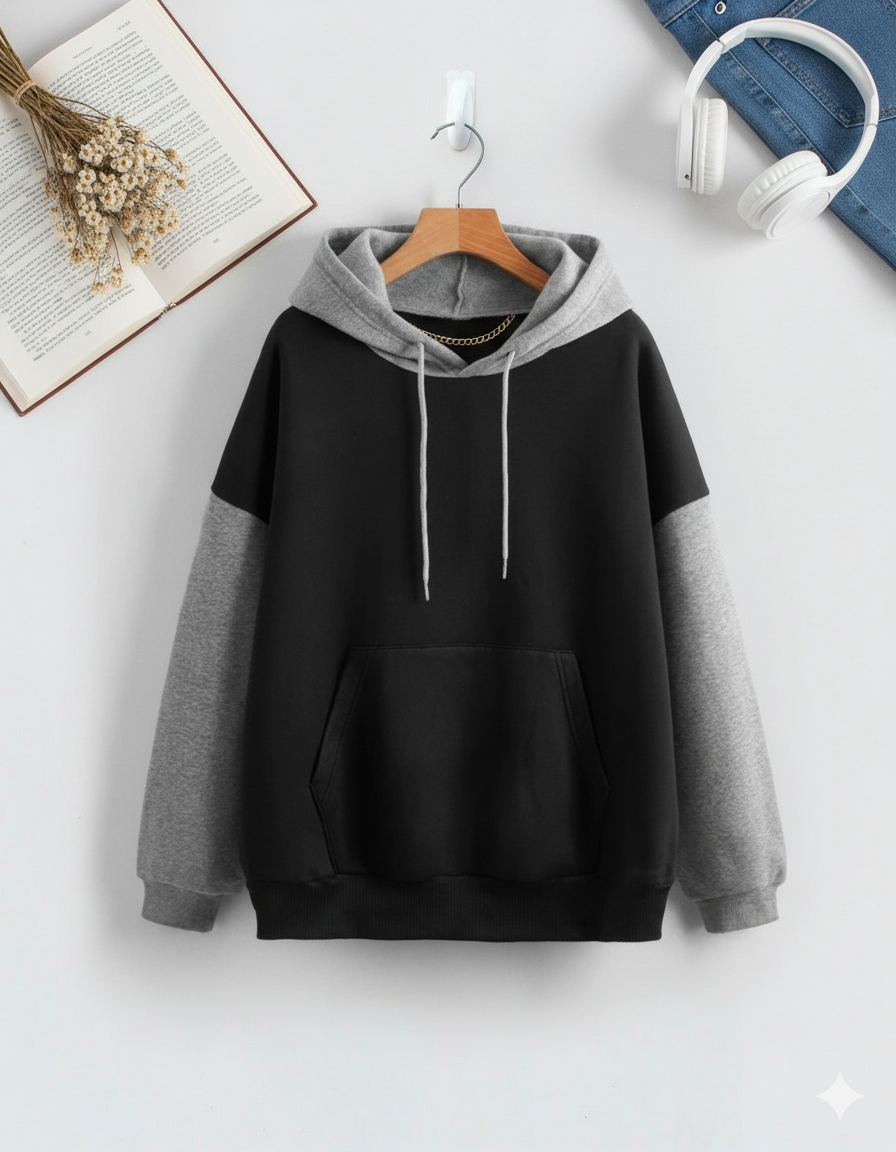 Winter Black With Grey Basic Hoodie For Men