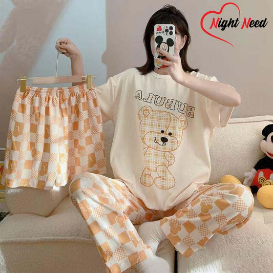 Noise Cotton 3 Piece Printed Night Suit Creamy Teddy