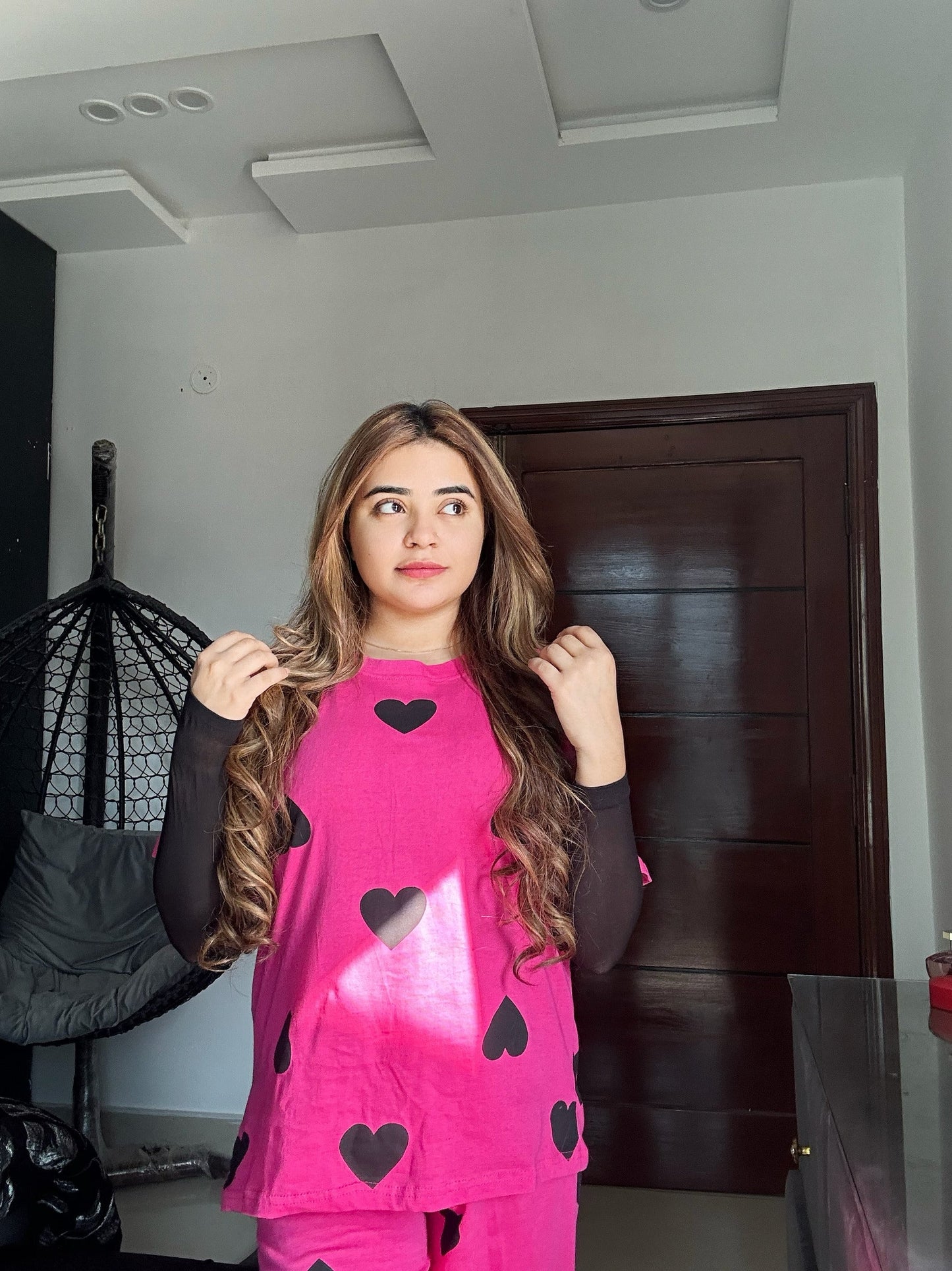 Black Multi Hearts Pink Printed  Night Suit