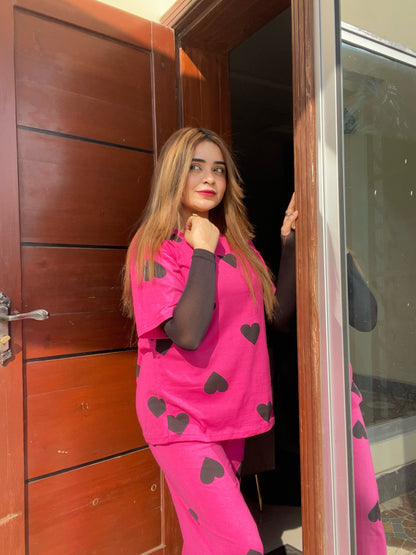 Black Multi Hearts Pink Printed  Night Suit