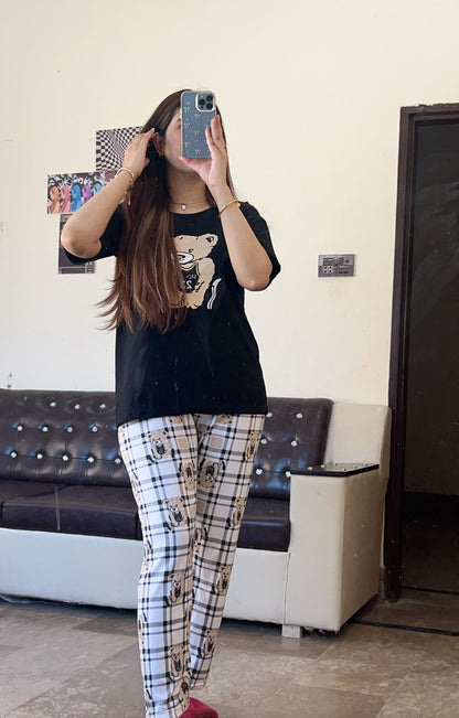 3 Piece Printed Night Suit Check Panda