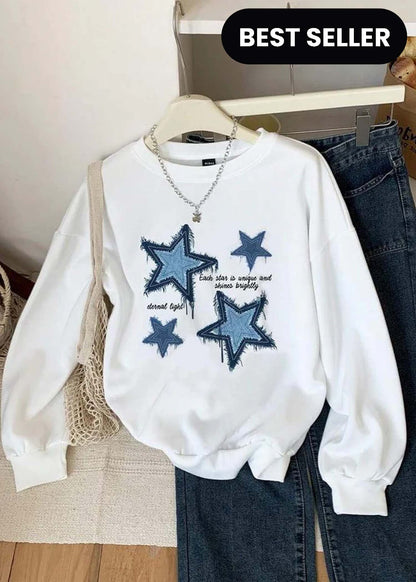 Winter Stars Printed White Sweatshirt For Women