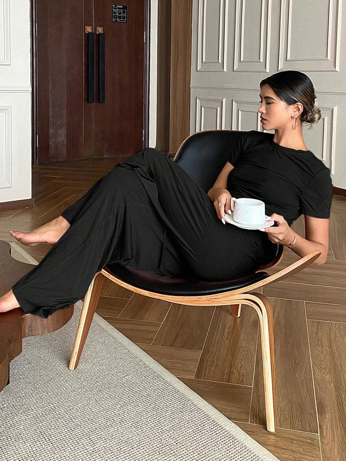 Black Plain Style Night Suit