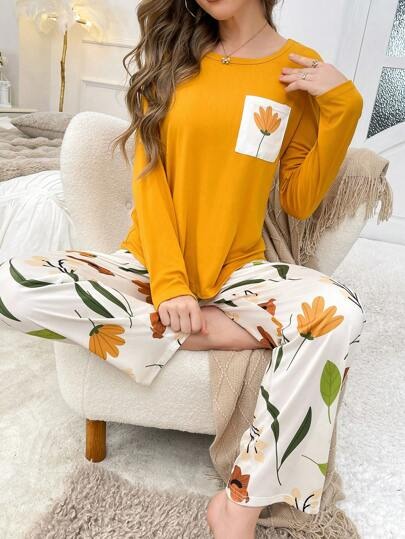 Yellow Flower Pocket Printed Night Suits
