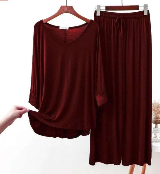Maroon Plain Palazo Night Suit