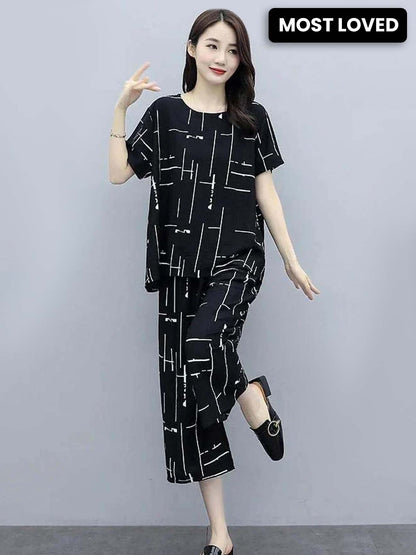 Black Capri Printed Night Suit