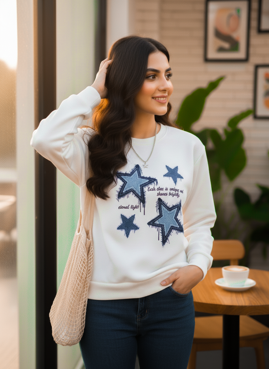 Winter Stars Printed White Sweatshirt For Women