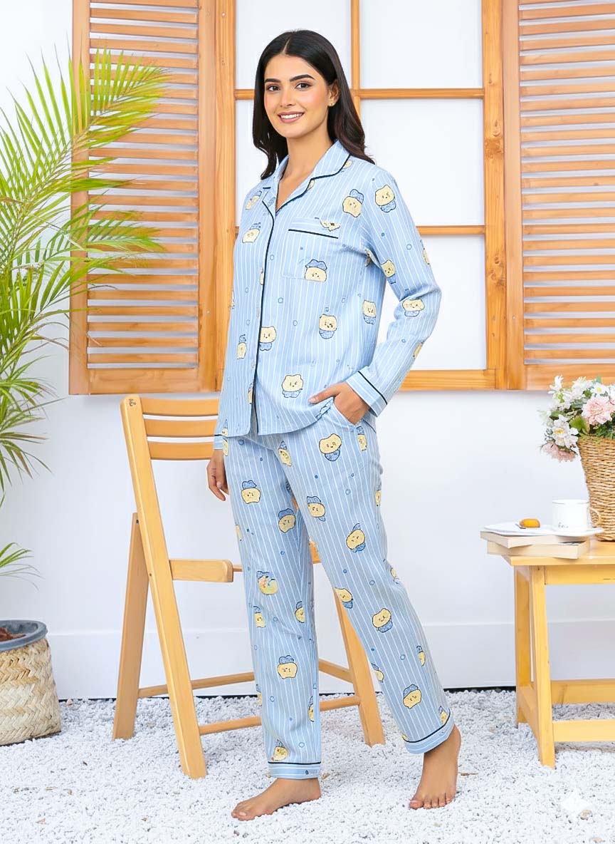 Imported Linen Printed Sky Blue Snow PJ Set-LP1