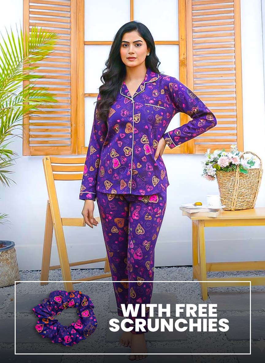 Imported Linen Printed Purple Pink Heart PJ Set-LP25