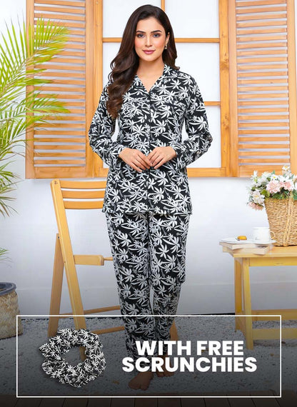 Imported Linen Printed White Flowers PJ Set-LP12