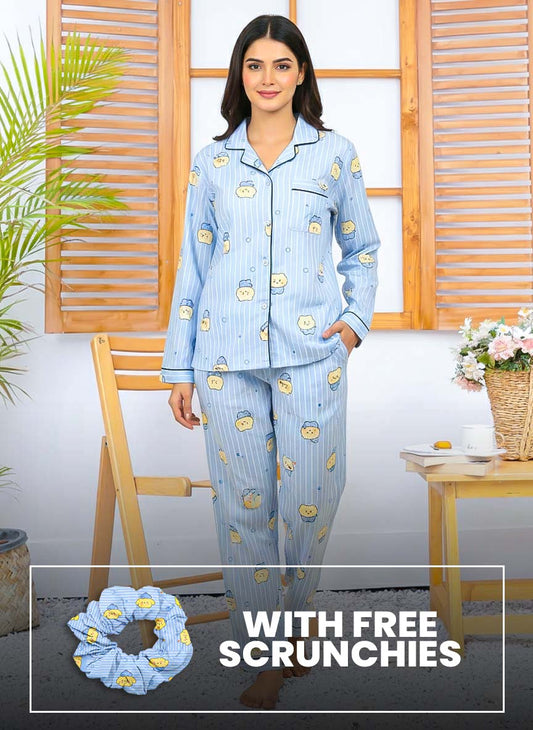 Imported Linen Printed Sky Blue Snow PJ Set-LP1